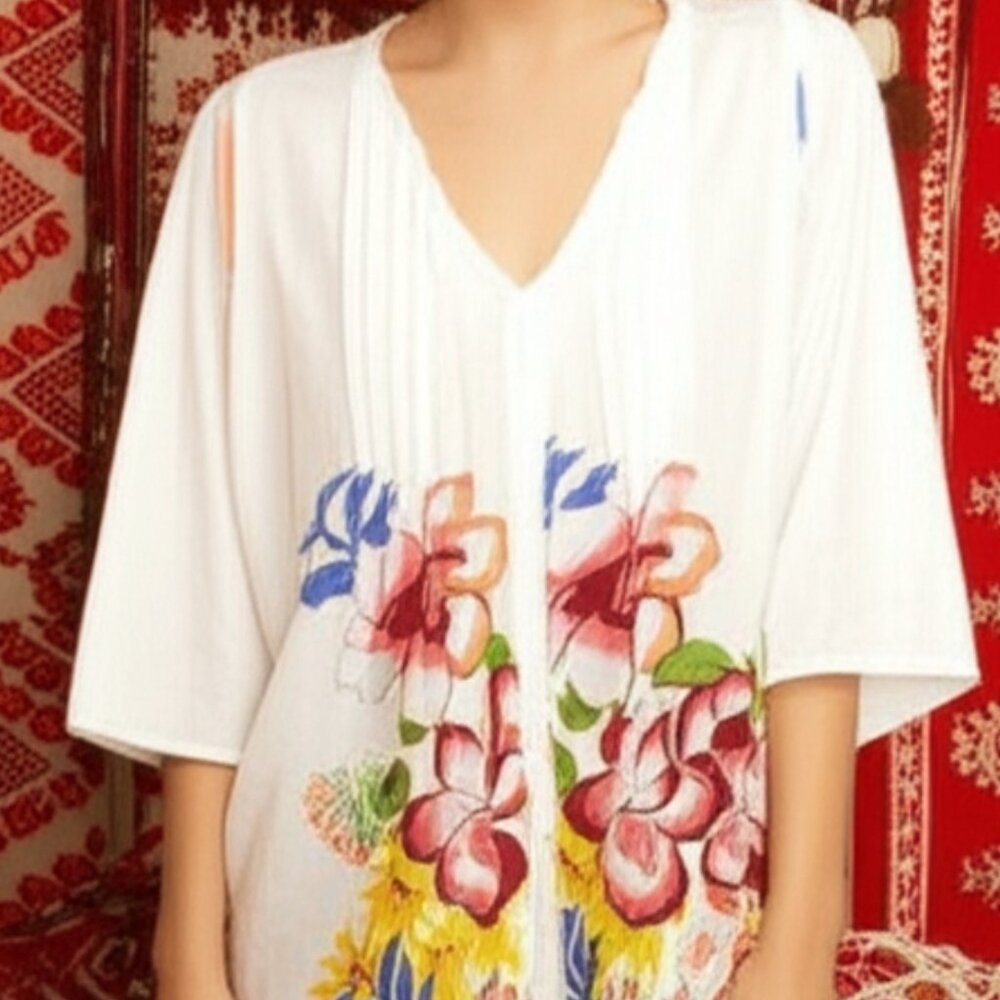 Boho White Cotton Floral Tunic Dress Artisanal Summer Beach Cover-Up - Picture 5 of 5